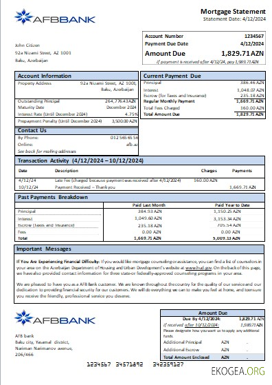 Relevé hypothécaire de la banque AFB d'Azerbaïdjan scr